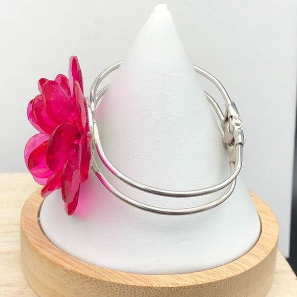 Hot Pink Flower Bracelet Faceted Transparent Acrylic Lucite Rose Crystal Clamper - Picture 5 of 10